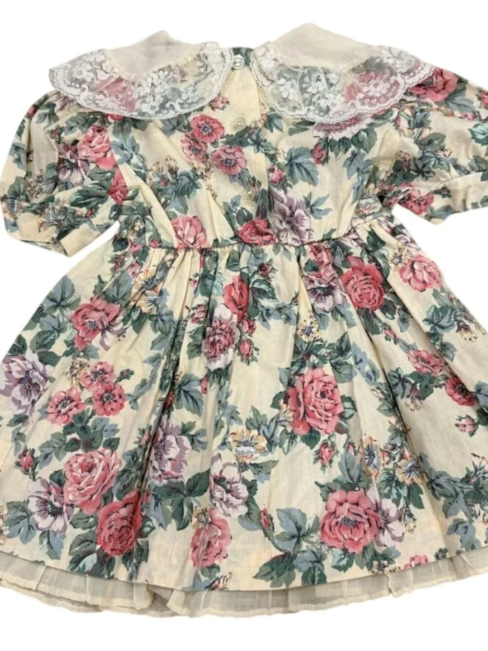 Vintage Victorian 3T Girls Floral Lace Collar Dress Puff Sleeves
